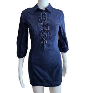 BEBE Lace-Up Twill Mini Dress | Navy | Size 4